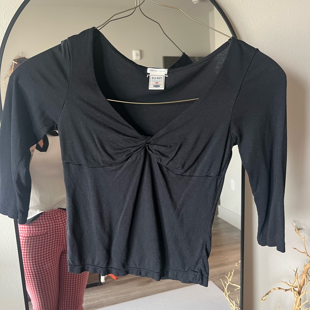 Old Navy Black 3/4 Sleeve Tie Front Blouse
